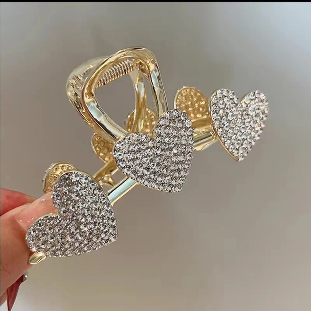 Gold Pearl & Silver Heart Rhinestone Hair Clips
